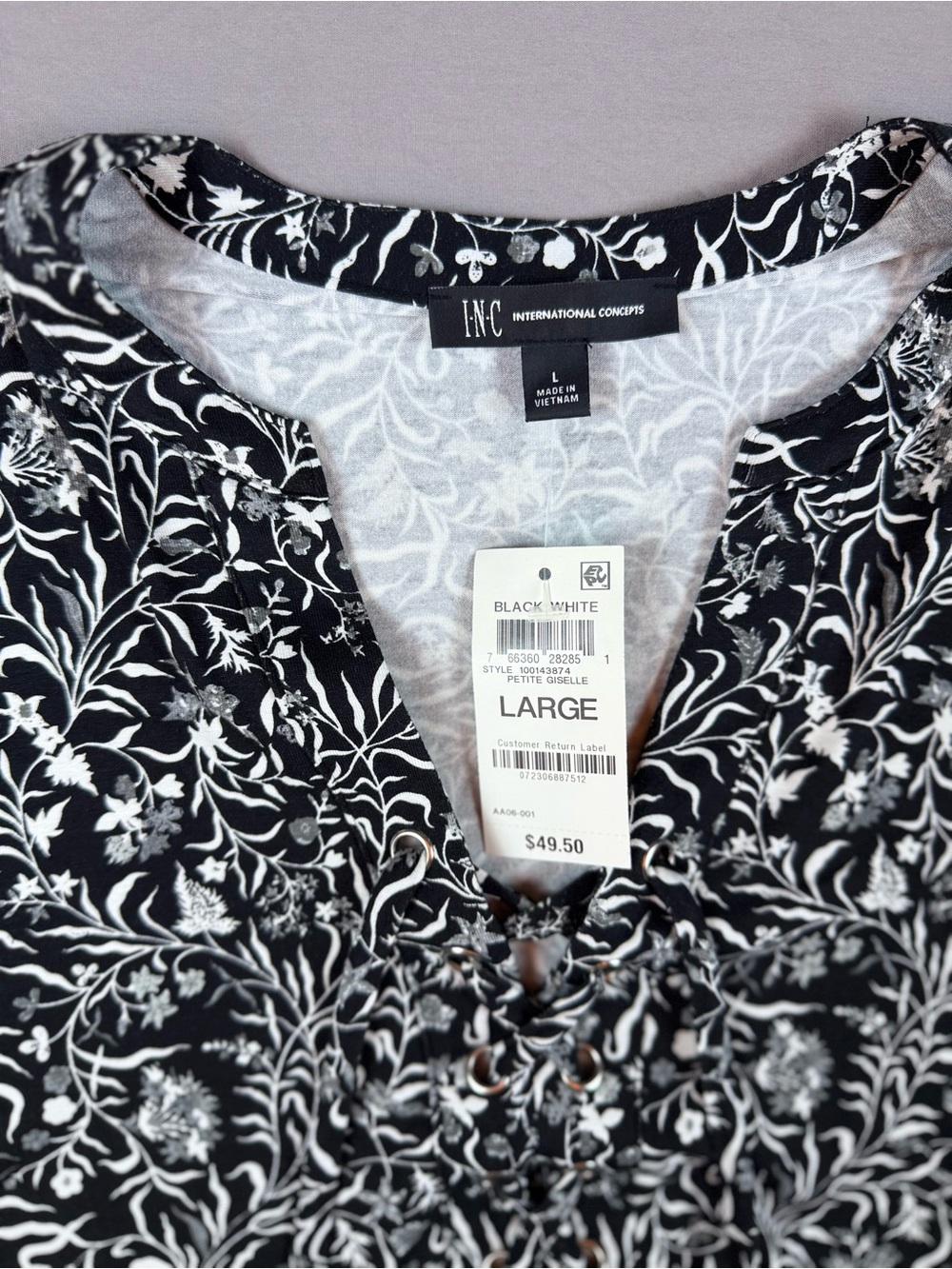INC International Concepts Black & White Floral Lace-Up Casual Shirt - Large